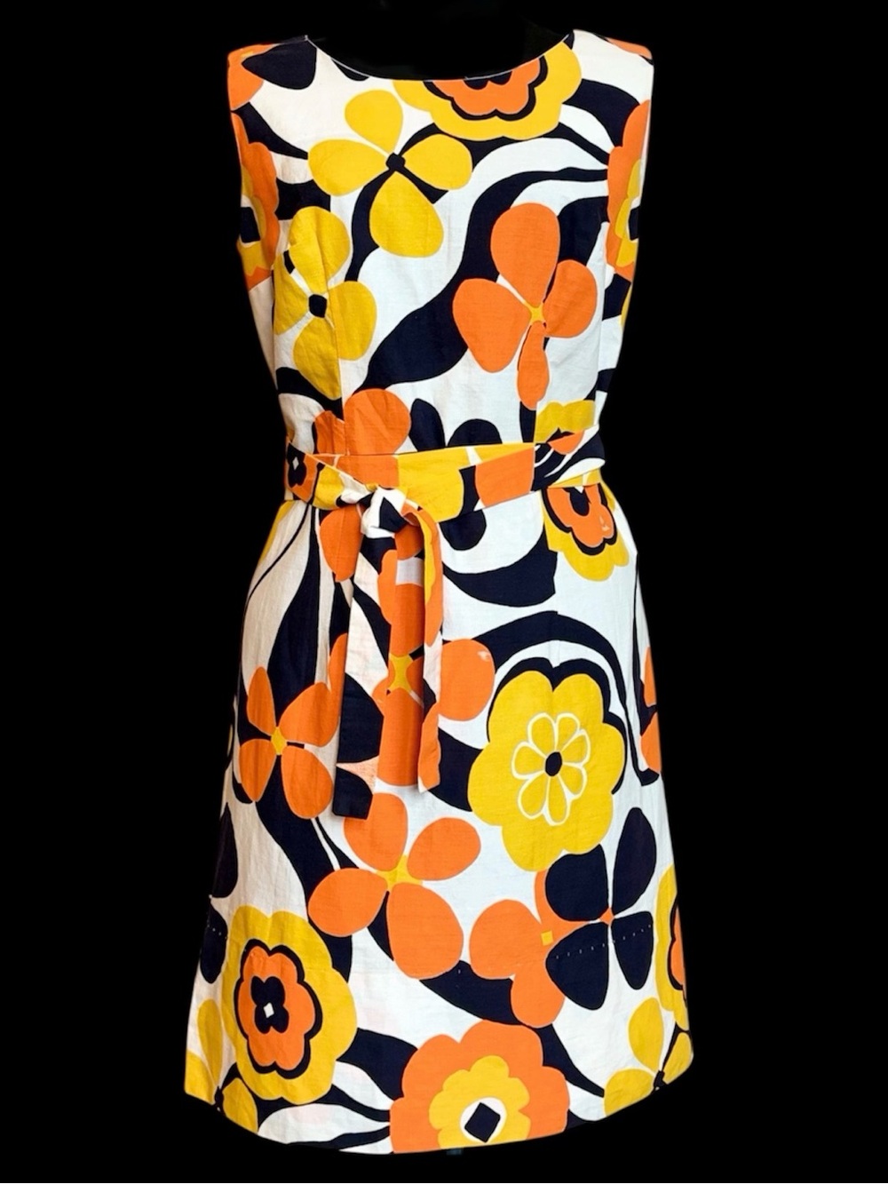 60s Flower Power Dress Vintage Summer Cotton Sleeveless Knee Length Belted Shift